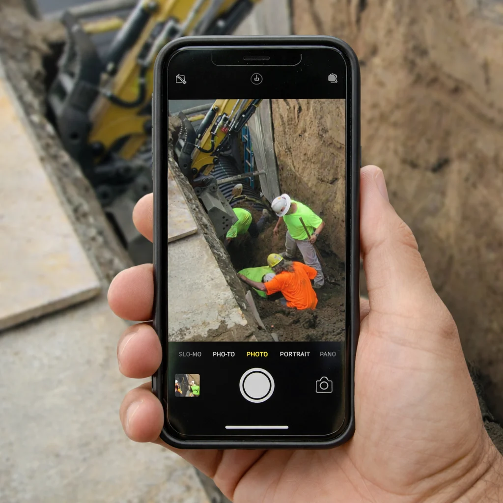 Construction worker using smartphone to photograph job site hazards