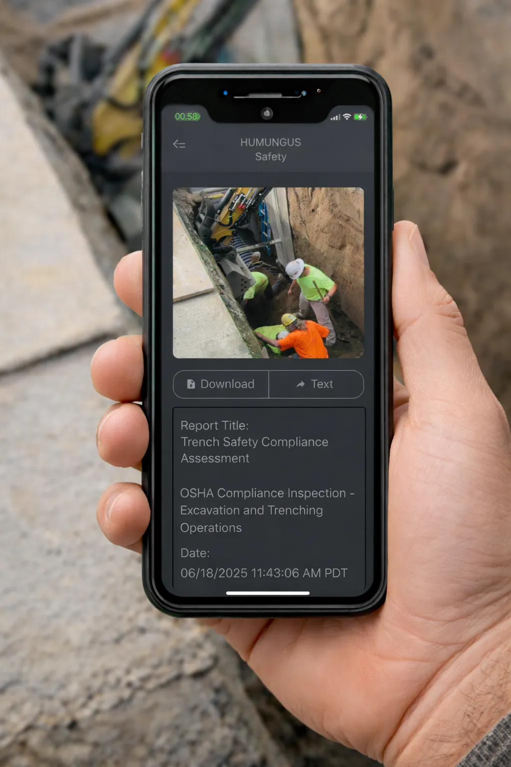 HUMUNGUS AI safety report showing trench safety compliance assessment on smartphone
